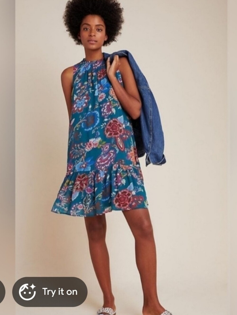 Anthropologie Floral Teal Sleevless Ruffle Mini Dress - Small Floral